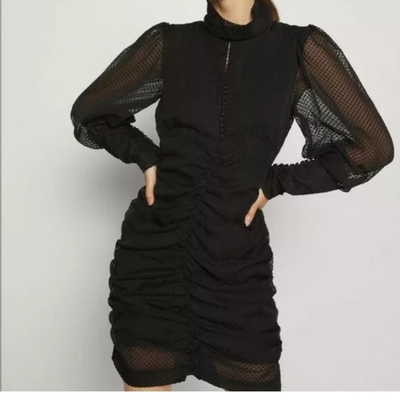 HOUSE OF HARLOW 1960 High Neck Metallic Black Ruched Bodycon Cocktail Dress Sz 4 - Picture 1 of 16